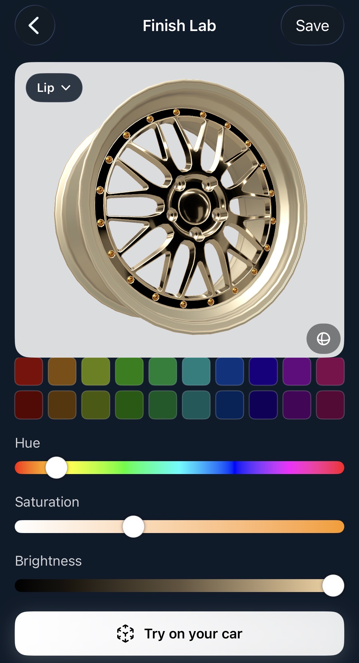 The Swappd Finish Lab, with hue, saturation and brightness sliders for a gold wheel