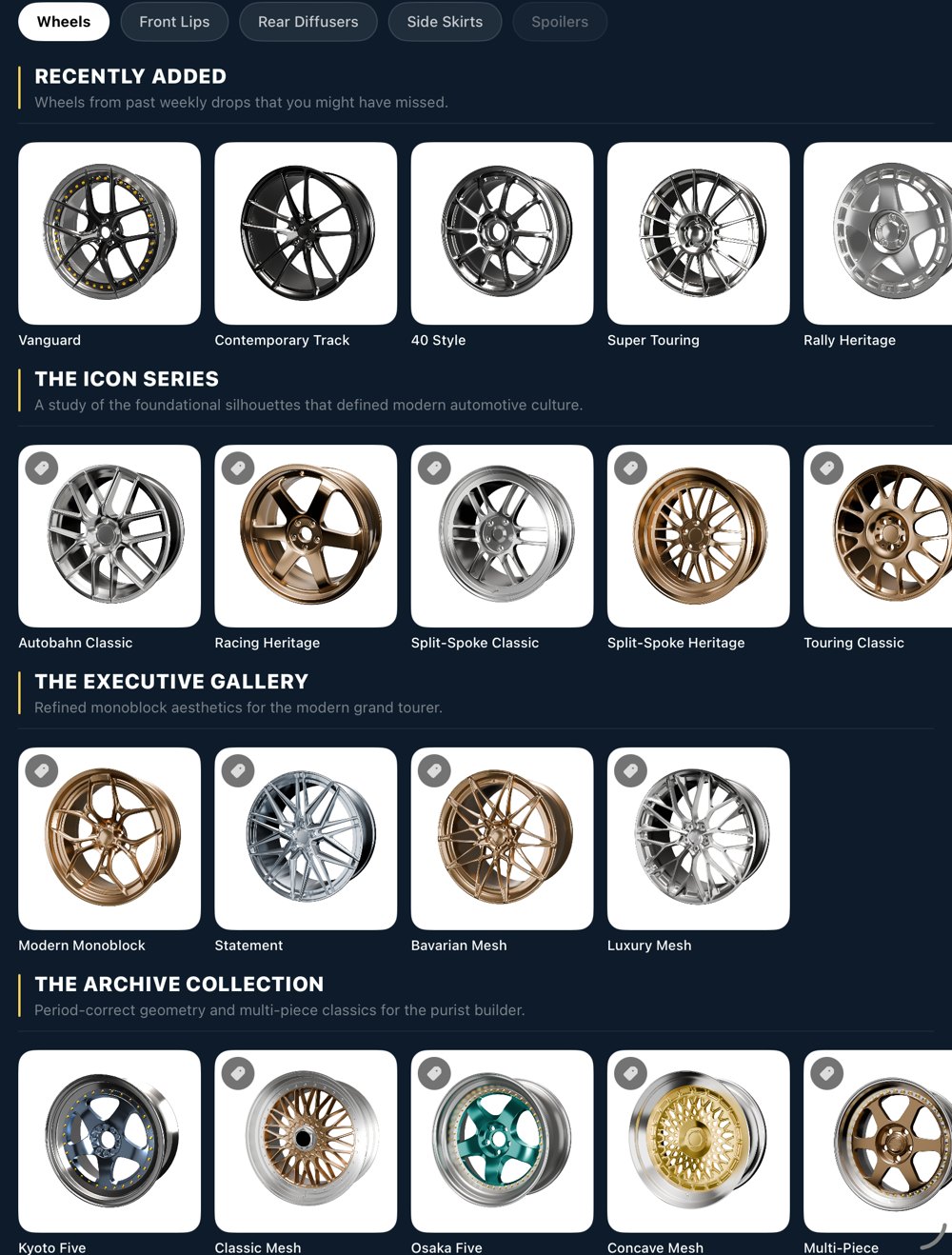 The Swappd catalog, with wheels grouped into collections