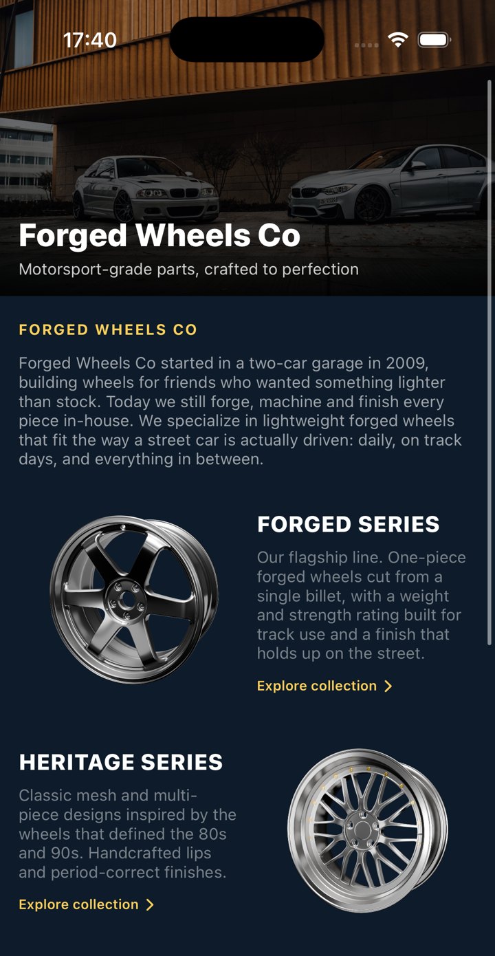 A brand storefront in Swappd, with the company story and its wheel collections