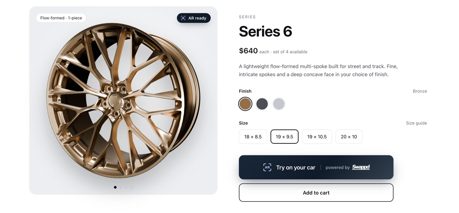 A wheel product page with a Try on your car button powered by Swappd